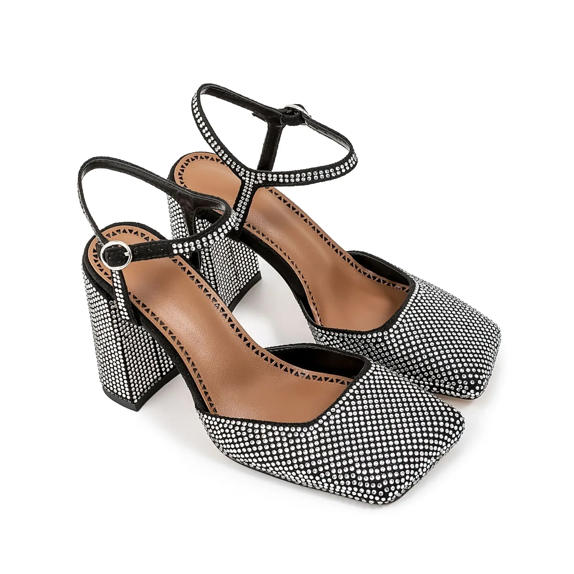 Rhinestones Square Toe Slingback Thick Heel Sandals Woman Summer Diamonds One-Strap Hollow High Heels