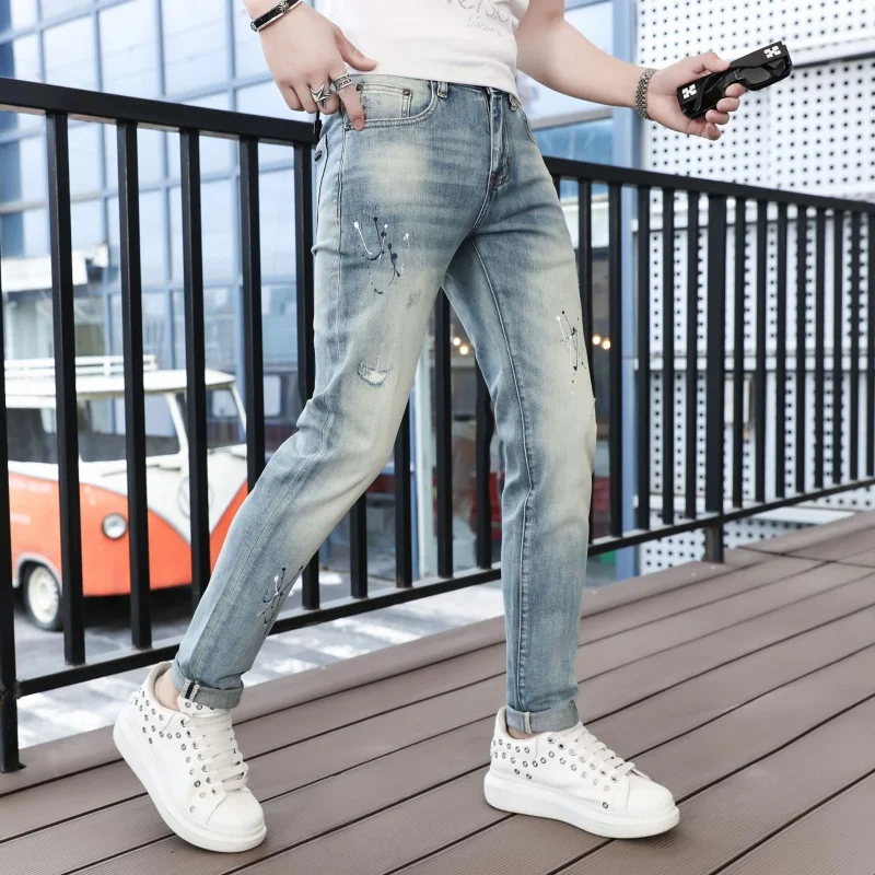 2024New Paint Printed Ripped Jeans Men's Summer Thin Trendy Korean Stretch Slim Fit Casual Feet Trousers