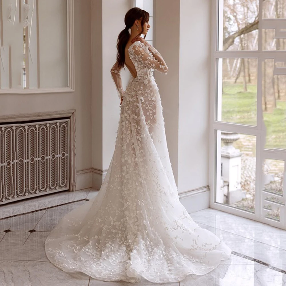 LoveDress Sheer Deep V-Neck Wedding Dress Long Sleeves Lace Appiques Split Boho Bride Gown A-Line Backless Train Robe de mariée 2020 princess bridal gown custom made puff sleeves sheer o neck beading sequined a line organza wedding dress robe de mariee