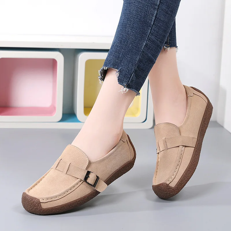 

2023 Woman Shoes Genuine Leather Women Flats Casual Women's Loafers Buckle Female Shoe Low Heel Footwear
