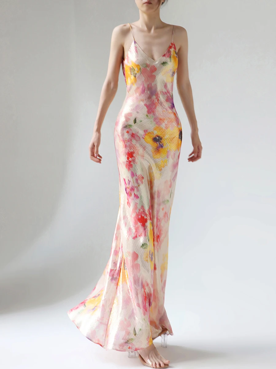 

Pink Fresh Water Color Silk Blend Suspenders Extra Long Dress