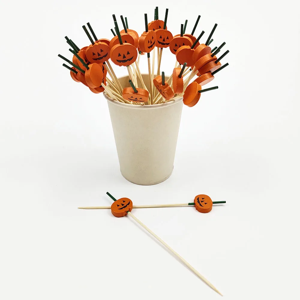 100 Stück Halloween Kürbis Bambus Spieße Obst Gabel Dessert Salat Gemüse Einweg Sticks Zahnstocher Spieß Halloween Dekor – Detail 19