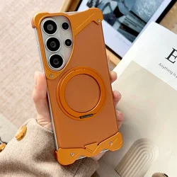 Revolutionary Frameless Metal Phone Case with 360° Rotating Stand and MagSafe Compatibility for Galaxy S23 Ultra (Orange)