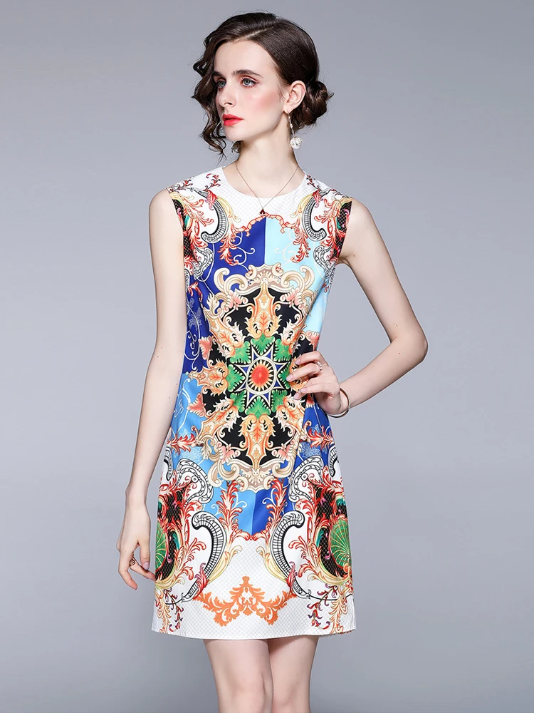 

Summer New French Style Retro Vic Dress Ethnic Style Printed Sleeveless Dress for Small Men High-end Women's Clothing