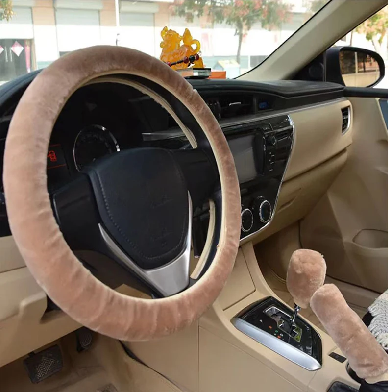 Soft Plush Car Steering Wheel Cover Gearshift Handbrake Cover Protector Decoration Warm Super Thick Plush Collar Soft Black 3Pcs