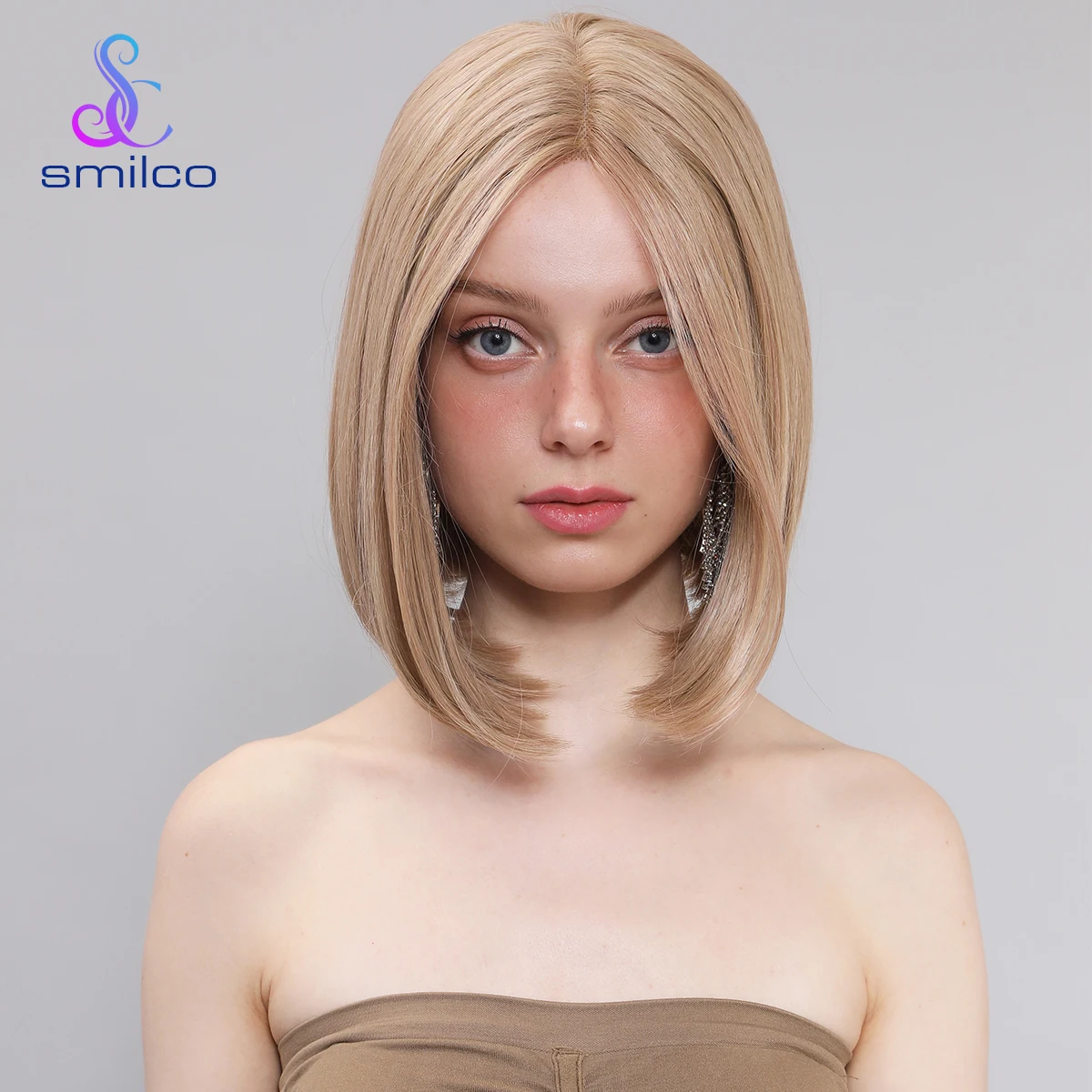 

Smilco Women Bob Wig Short 12'' Golden-brown Synthetic Trimmable Bangs Straight Lace Front Cosplay Daily Wigs