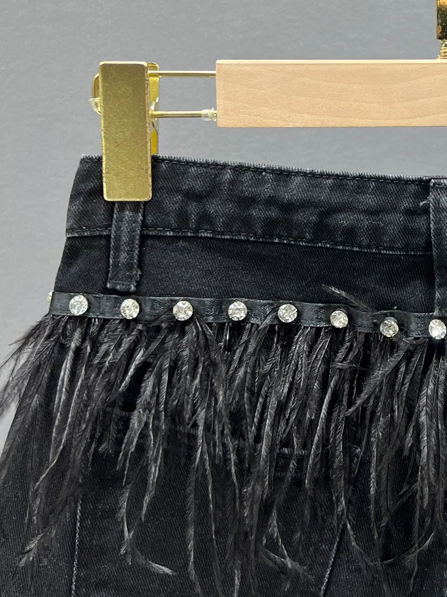 Exquisite Rhinestone Black Denim Shorts Women's Trendy 2024 New Summer High Waist Slimming Tassel Wide-Leg Trousers Hot Pants