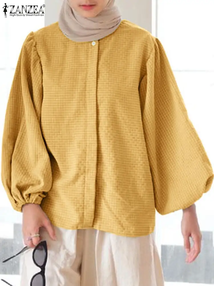

2023 ZANZEA Women FashionPlaid Checked Shirt Autumn Muslim Blouse Casual Loose O Neck Long Sleeve Party Tops Islamic Clothing