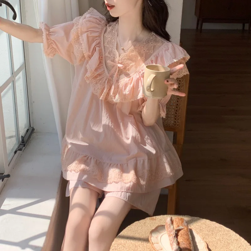 Summer Pink Sweet Lace Nightdress Woman Korean Style Bow Shorts Pajamas Sets Female Casual Fashion Party Long Dress Loungewear