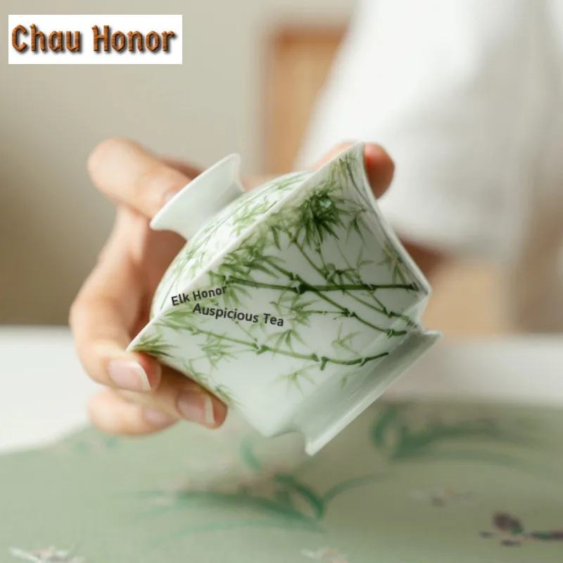 130ml Hand-painted Bamboo Trees Gaiwan Handmade Tea Tureen Tea Bowl With Lid Kit Tea Maker Cover Bowl Tea Ceremony Ornaments