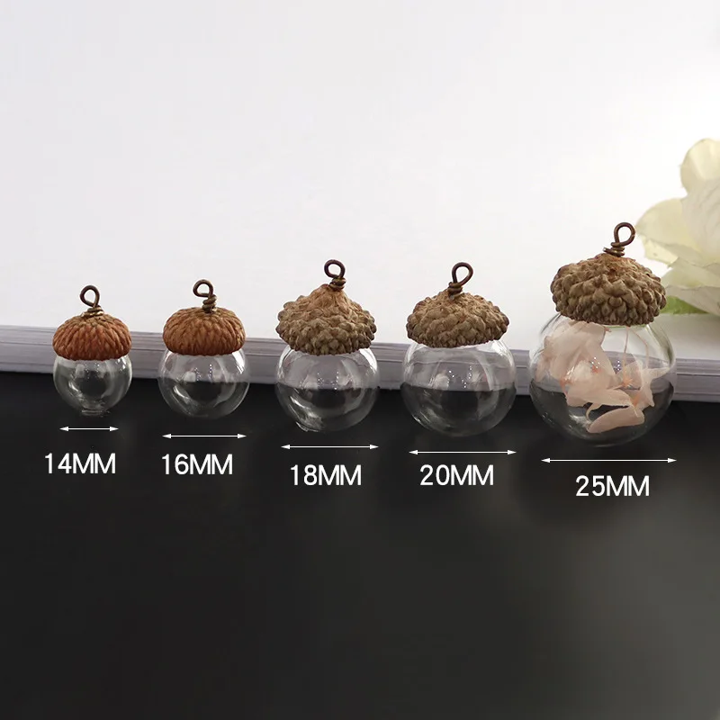 1/2X 14/16/18/20/25MM DIY Glass Vial Pendant With Natural Acorn Cap Glass Wish Bottle Necklace Perfume Lucky Jewelry Accessories