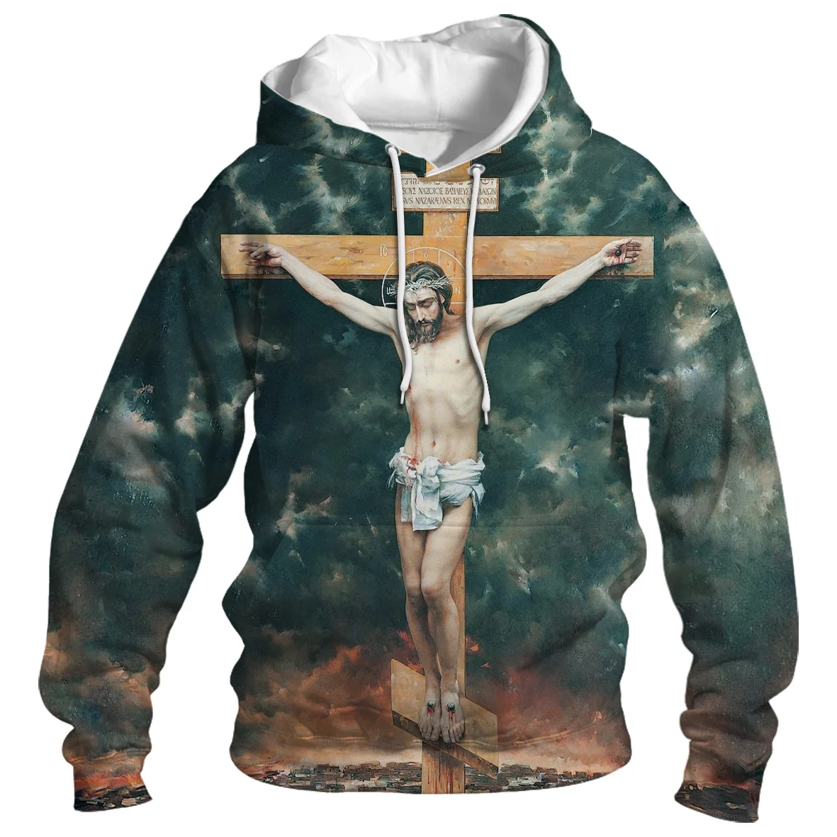 Hip Hop Men Sweatshirt Hoodie Streetwear Jesus Letter Print Washed Pullover 2023 Autumn Harajuku Cotton Hooded Sweatshirt Black