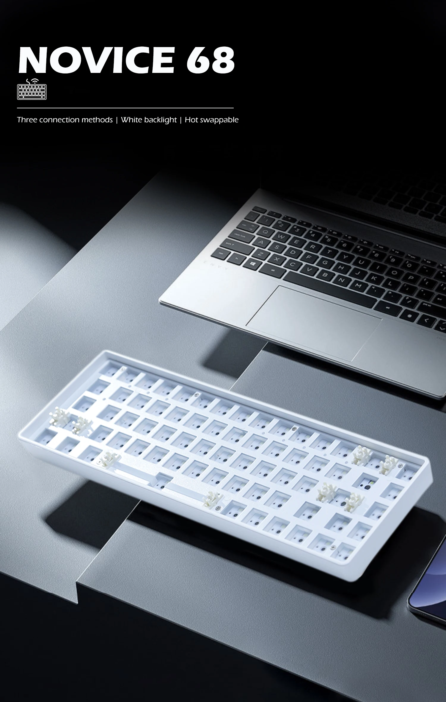 Kit de clavier mécanique à lumière blanche pour novice, sans fil, compatible Bluetooth, commutateur 2.4 broches, échange à chaud, 3 modes, 68 touches, 3/5 mesurz