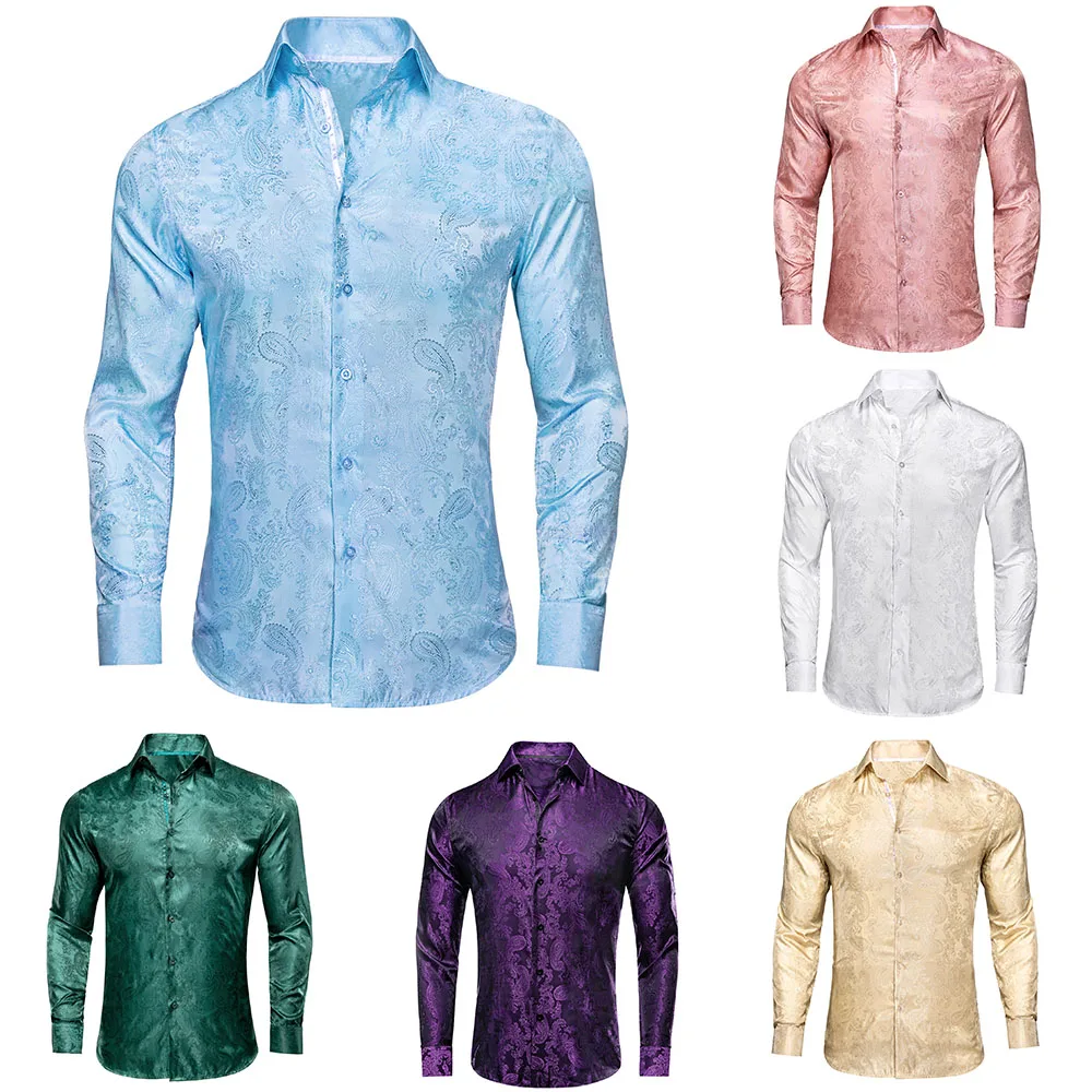 Sky Blue Paisley Jacquard Long Sleeve Men's Shirt with Lapel for Business and Formal Events