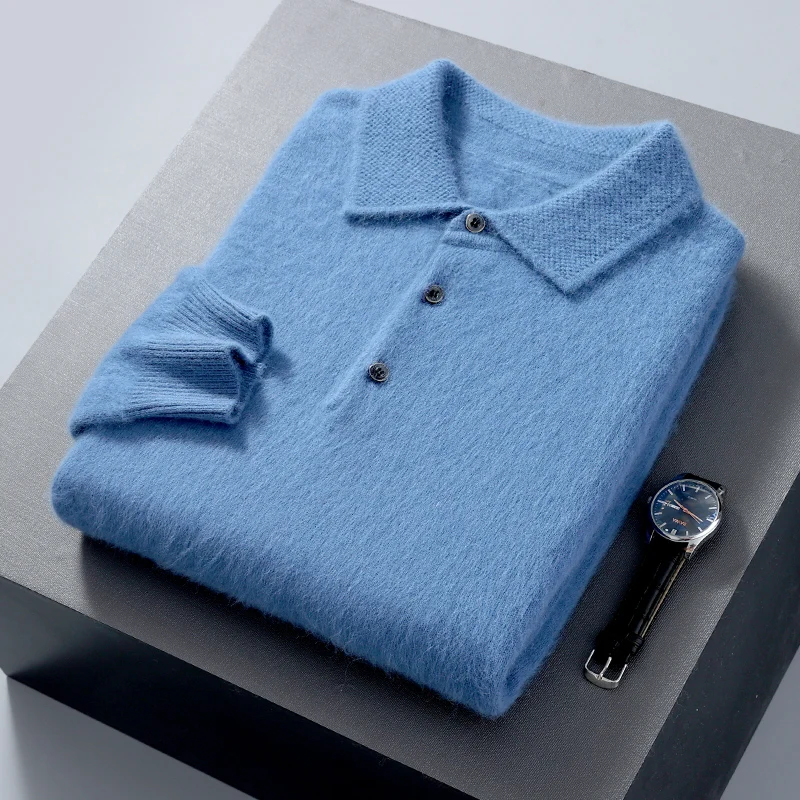 Men's Mink Cashmere Knitted Basic Sweater Polo Neck Casual Loose Large Size Long Sleeve 23 Winter Korean Version