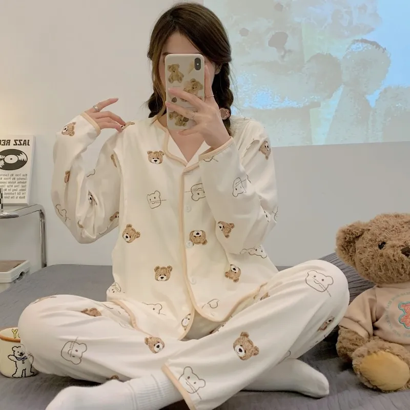 Spring And Summer 2 Piece Nursing Clothes Cotton Nursing Homewear Sweat Absorbent Monthly Clothing Maternity Pajamas Homewear 3