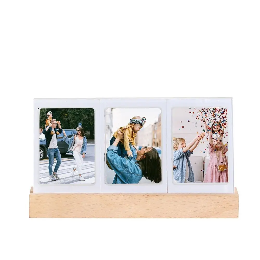3 in 1 LED Light Photo Frame Clear Acrylic Wooden Base Instant Picture Frame Ornament 3 Inch Photo Tabletop Photo Display Rack