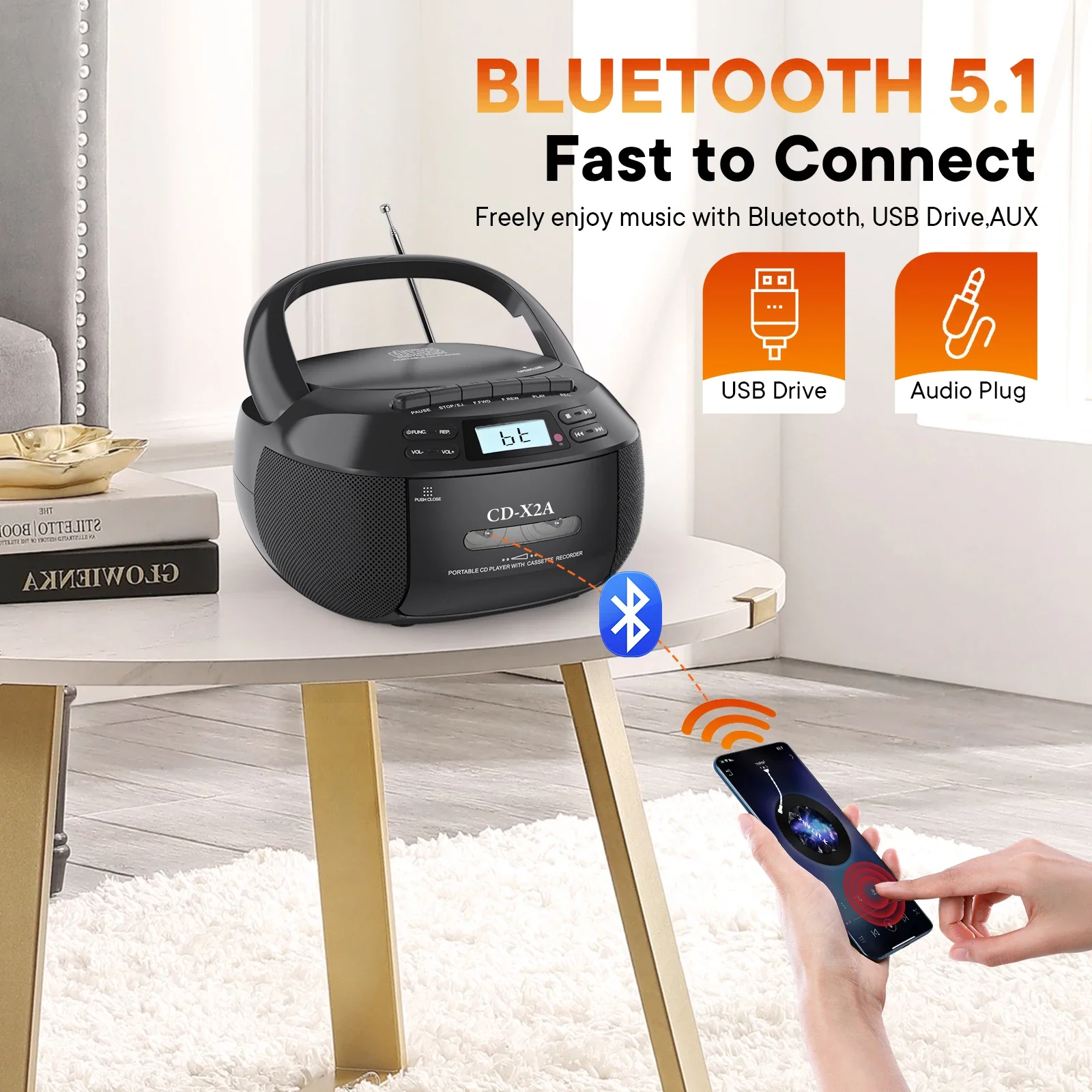CD player boomox cassette player combo with Bluetooth AM FM radio plays AUX USB MP3 with remote control AC DC powered
