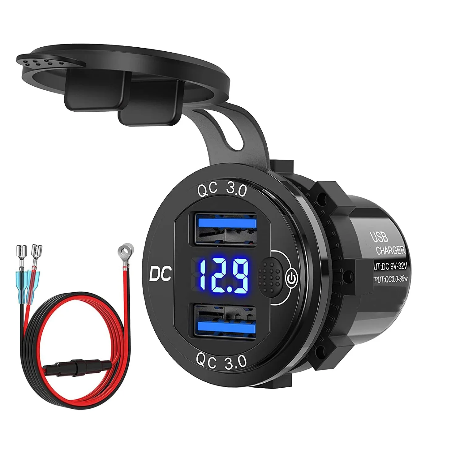 

Car Charger Metal Switch Car Charge Double USB QC3.0 Fast Charge Voltmeter