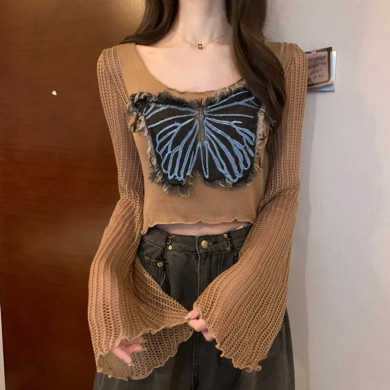 

Y2k Girl Butterfly Embroidery Tassel Flare Sleeve Sweater Transparent Sexy O Neck Pullovers 2023 Autumn Thin Knitted Crop Top