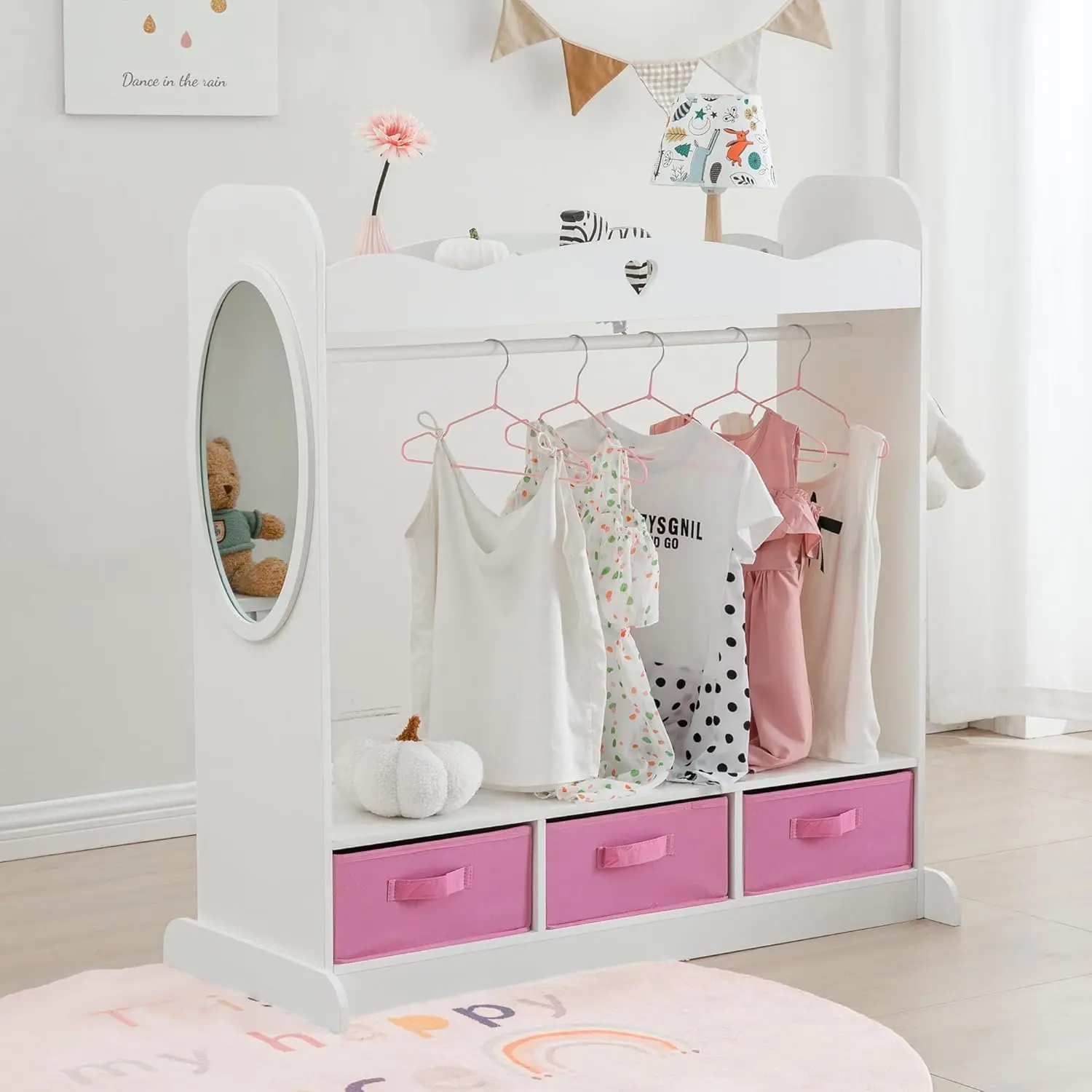 Kids Dress-Up Closet w/Mirror,Open Hanging Wardrobe w/Clothes Rack,Toddlers Pretend Play Costume Storage Dress