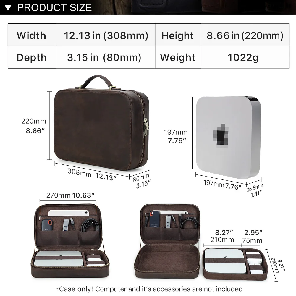 Genuine Leather Storage Case For Mac Mini Mouse iPad Case Earphone Electronic Accessories Gadgets Organizer Box With Handle