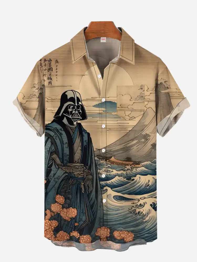 Vintage Japan Harajuku Retro Masked Samurai Men's Hawaiian Casual Shirt Men With Print Short Loose Camisas Casuais Slim Fit Y2K 2