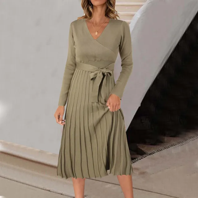 Women Wrap V Neck Sweater Dress Solid Color Long Sleeve Pleated Midi Dresses With Belt Autumn Ladies Pleated Dresses For Work 1