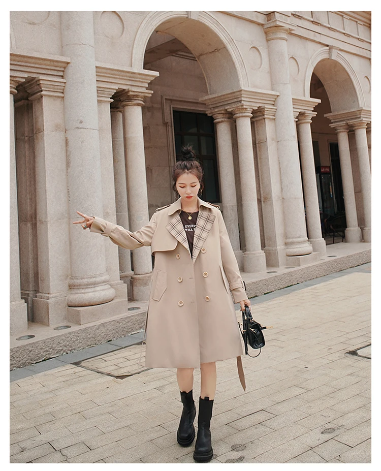 Fashion England Style Women Trench Coat Double-Breasted Long Duster Coat Plaid Patchwork Outerwear Spring Autumn Windbreaker down coats