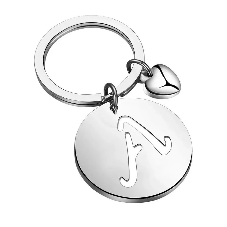 Popular A-Z Round Brand Stainless Steel Keychain 26 Letter Keyring Pendant Key Ring Buckle Chains for Car Moto Gift