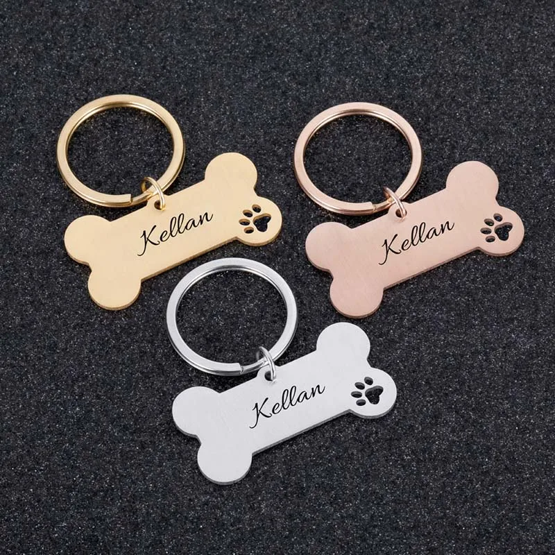 Pet ID Tags Personalized Engraved Name Cat Puppy Dog Collar Tag Bone Shape Pendant Keyring Accessories