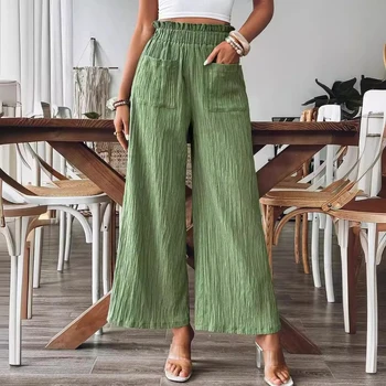 Women's High Waist Crinkle Wide Leg Pants Elastic Waist Casual Summer Trousers with Pockets