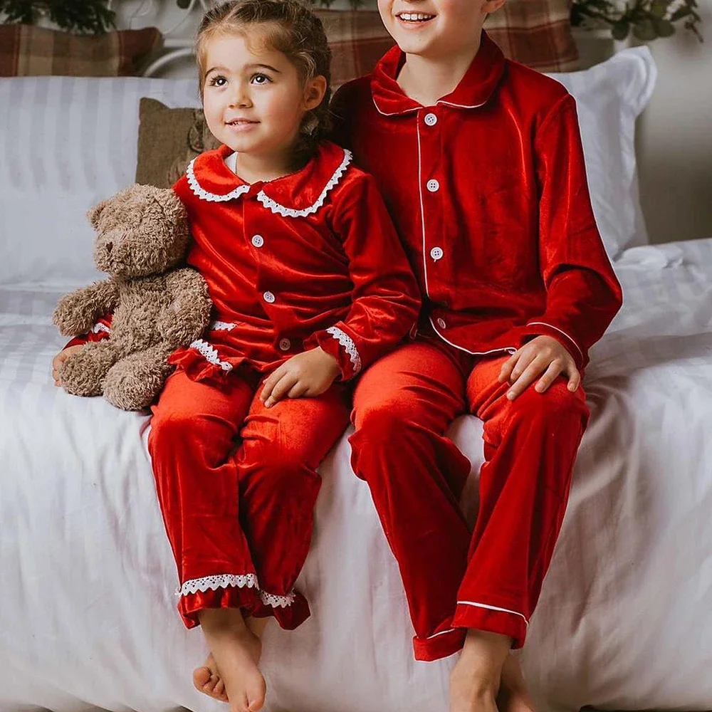 

Christmas Pajamas New Children's Clothing Sets Sleepwear for Girls Nightgown Boys Velvet Long Sleeve+Pants Kids Overalls