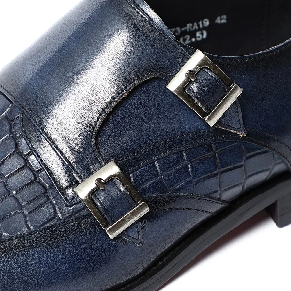 Natural Cow Leather Elegant Man Dress Shoes Stone Pattern Print Monk Double Buckle Strap and Cap Toe Business Party Social Shoes