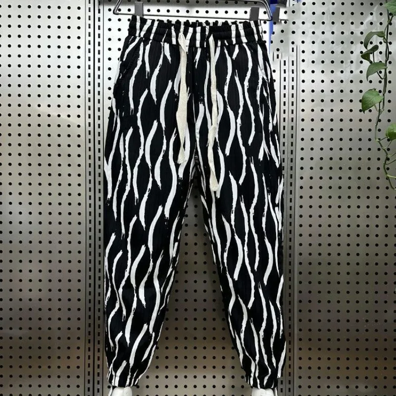Casual and Comfortable Boyfriend Summer 2024 Men's New Patchwork Elasticized Drawstring Printed Striped Versatile Harlan Pants