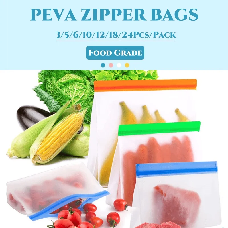 3/5/6/10/12/18/24Pcs/Pack Reusable Ziplock PEVA Bags,BPA-Free Food Storage Pouches,Washable,for Vegetables,Travel,Kitchen Use
