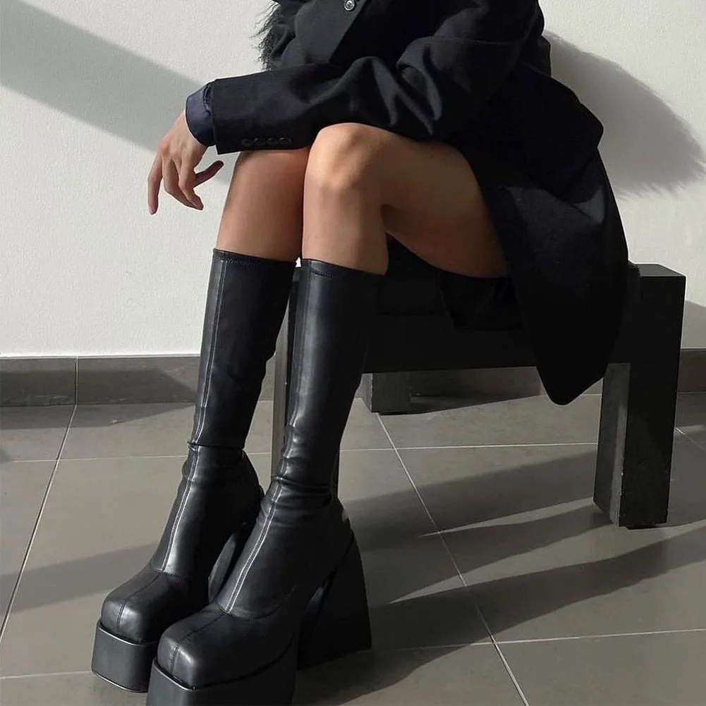 Winter Women High Heeled Boots Mid Calf Platform Shoes Chunky Non Slip platform boots,women boots