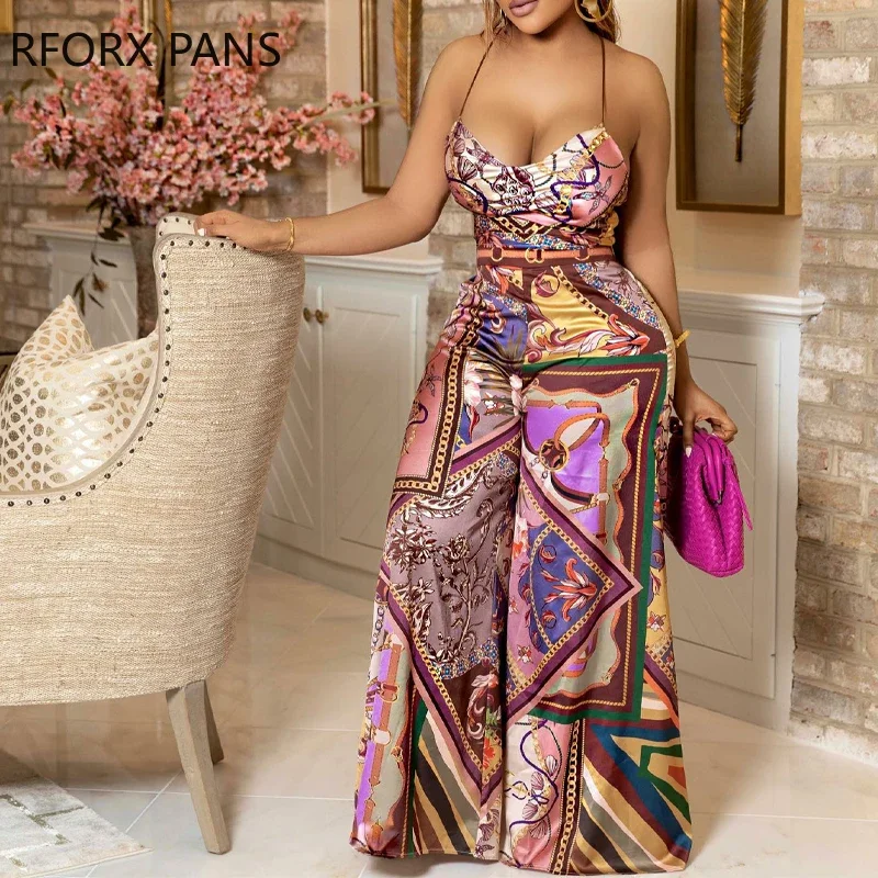 Scarf Print Criss Cross Backless Top & Wide Leg Pants Set Hots Party suits