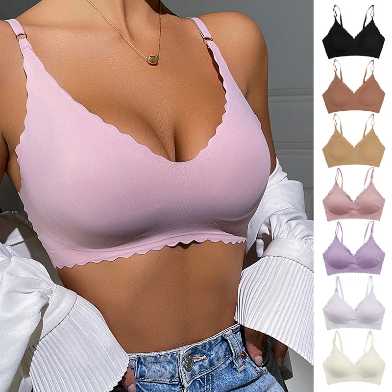 

Solid Seamless Ice Silk Bra for Women Wireless Ruffles Bralette Mujer Sexy Summer Adjustable Strap Invisible Push Up Bra Tops