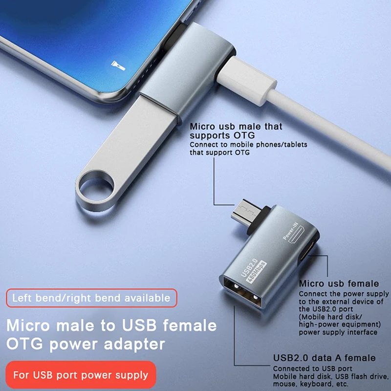 OTG 케이블 어댑터, 마이크로 USB OTG 어댑터, 파이어 스틱 TV용, 전원 공급 장치 포함, 왼쪽 오른쪽 각도, 90 도