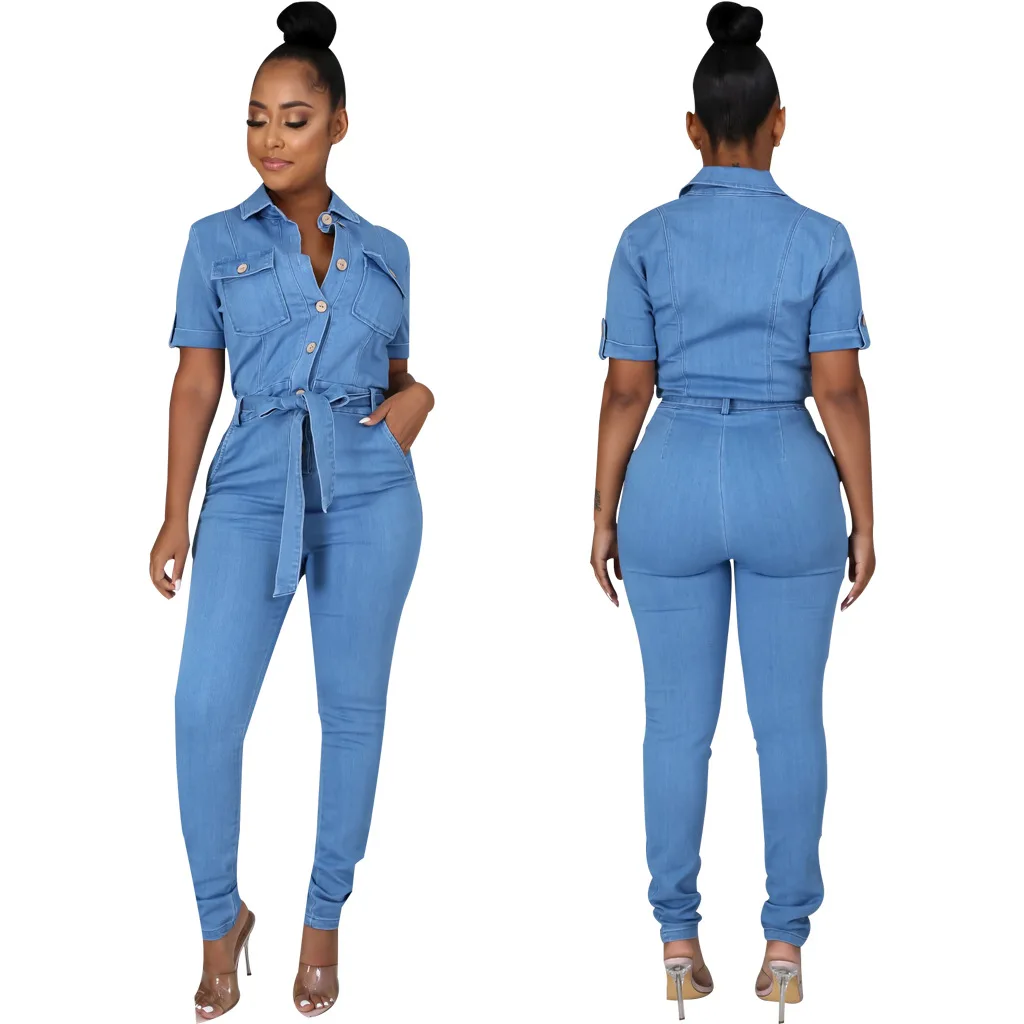 Blue Denim Jumpsuits Fashion Short Sleeve Buttons Overalls Long Jumpsuit High Waist Lace-up Multi-Pocket Slimming Women Outfits