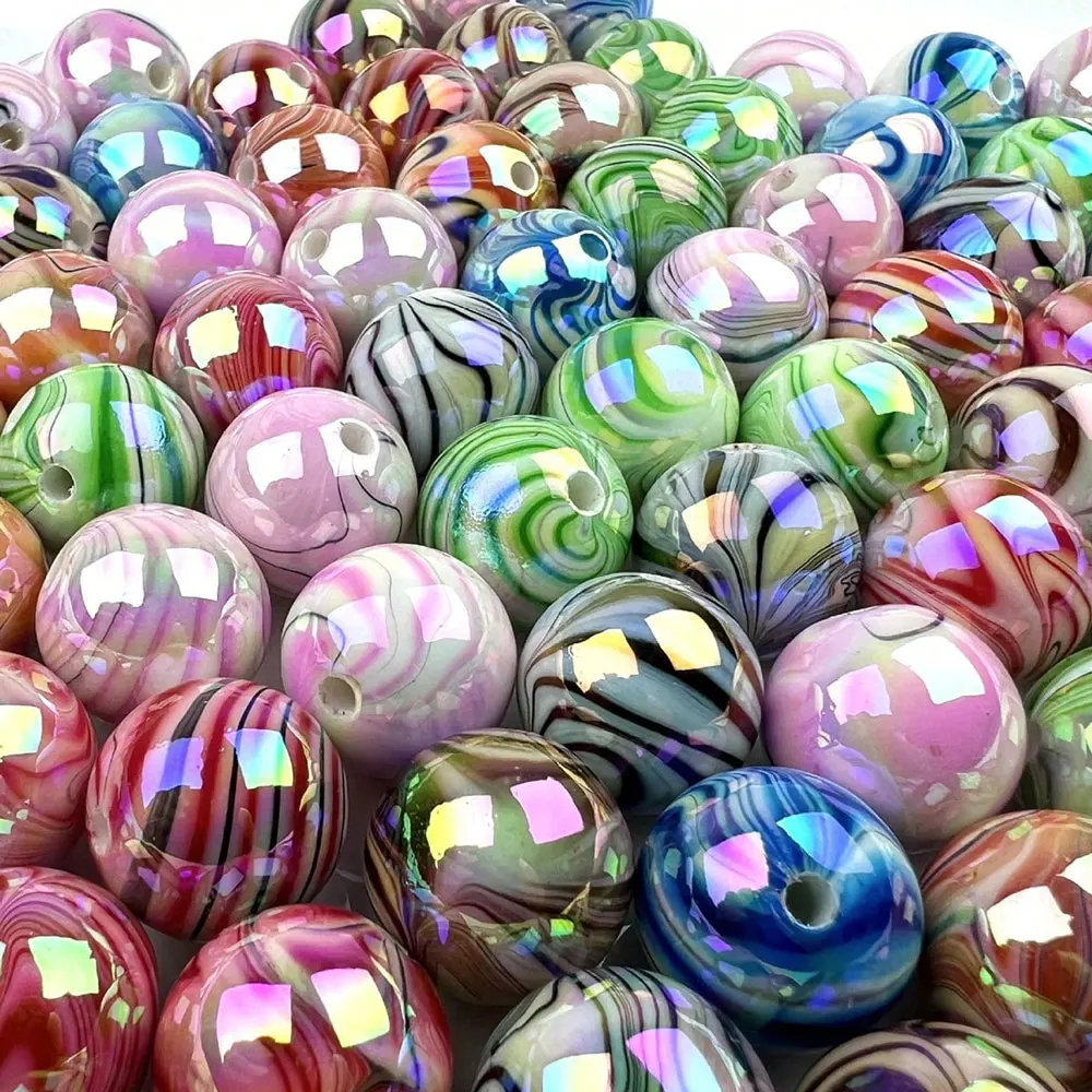 50/100pcs AB Colored Acrylic Beads With Stripe Pattern Round Balls Beads For Making DIY Jewelry Necklaces Accessories 8 10mm ﻿