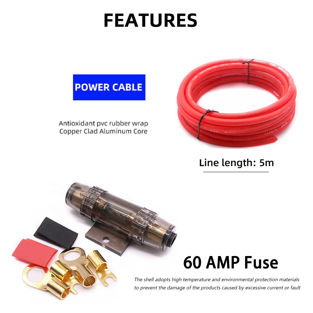 6/10GA Car Audio Amplifier Cable 60AMP Subwoofer Power Copper Clad Aluminum Installation Wiring Kits Vehicle Modification Parts