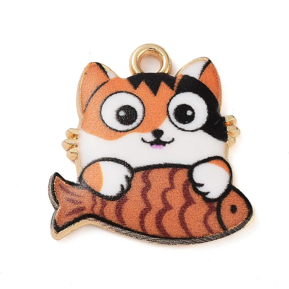 Pandahall 100 Stück Emaille-Tier-Charms, süße Katze mit Fisch, bunte Haustier-Kätzchen-Charms für Schmuck, Bastelbedarf – Detail 1