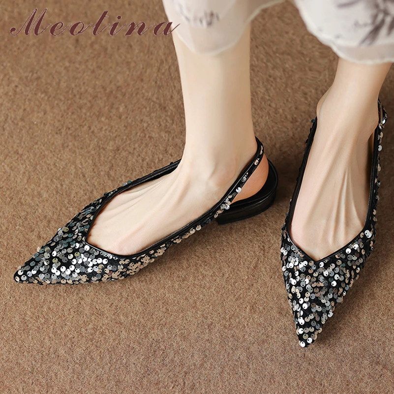 

Meotina Women Slingbacks Flats Pointed Toe Glitter Buckle Shallow Ladies Fashion Design Career Shoes Spring Autumn Glod Silver