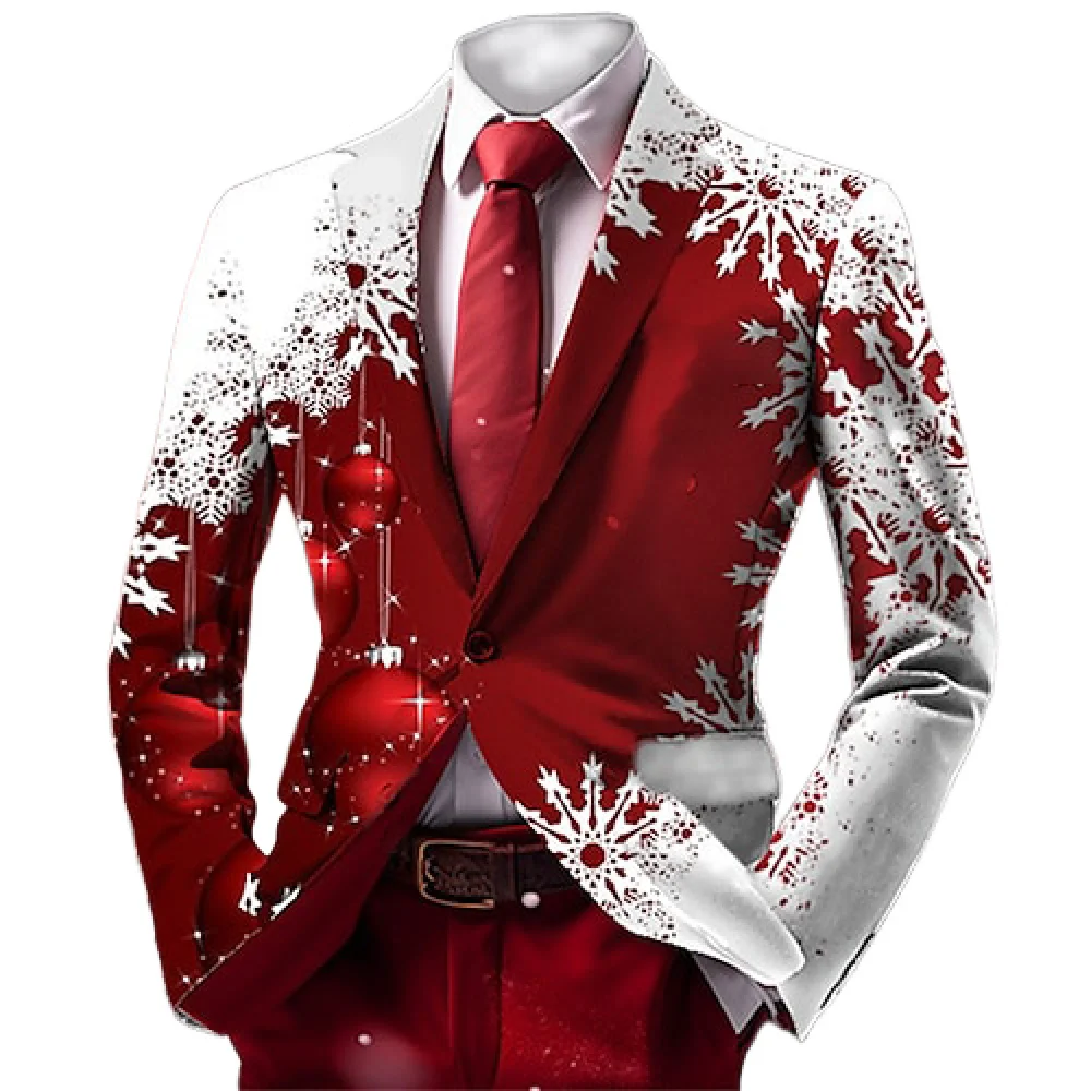 Christmas Snowflake Men Suit Blazer 3D Fun Xmas Printed Men Long Sleeve Jacket New Year Fashion Party Coat with Tie
