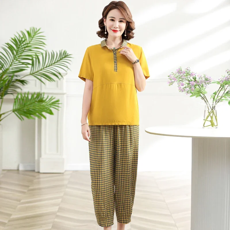 

Summer Pants Set Woman 2 Pieces Outfits 2023 Casual Middle Age Women Vintage Clothes Summer Short Sleeve Blouses
