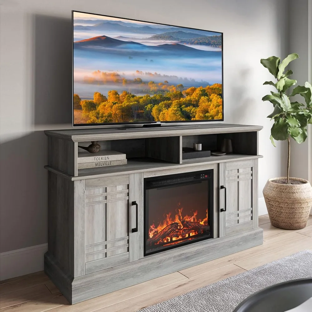 48" TV Stand with 18" Electric Fireplace Heater, Modern TV Stand for TVs up to 50", Entertainment Media Stand with Open 2
