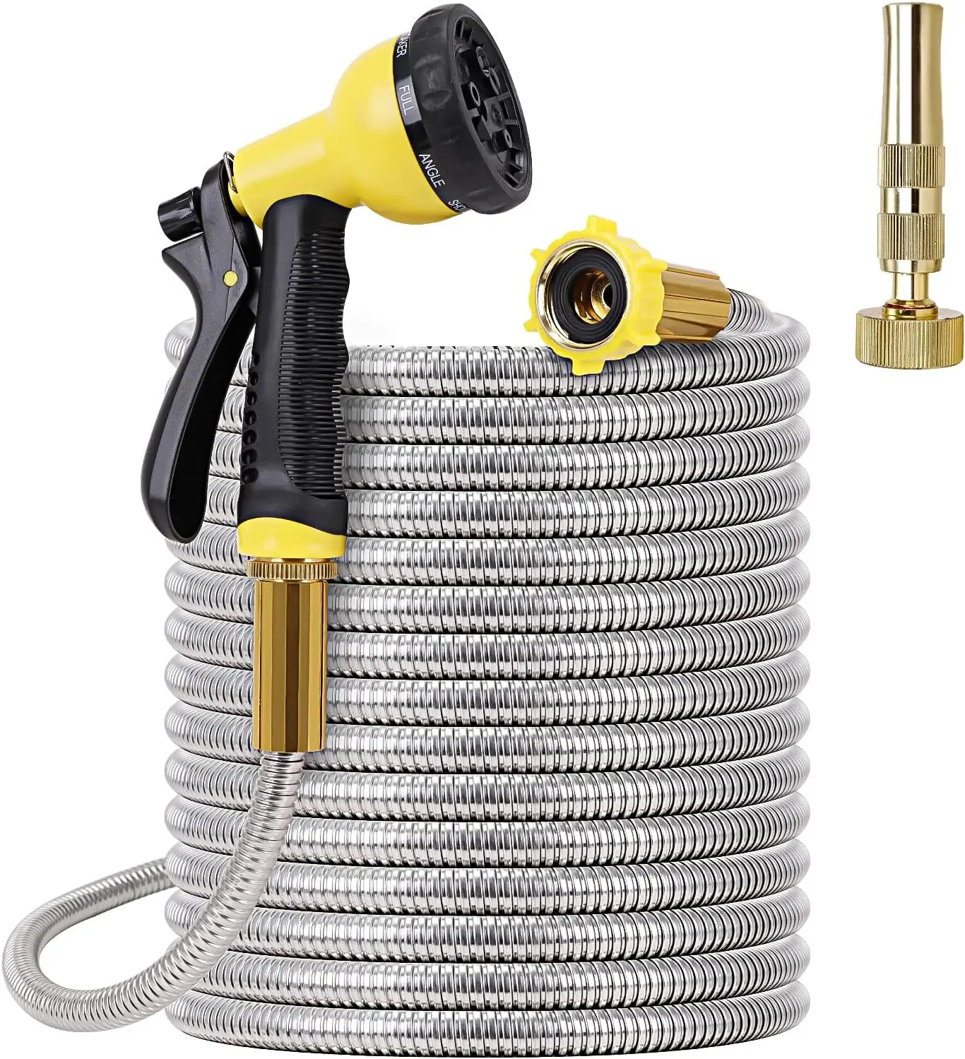 

Metal Garden Hose 100FT - Stainless Steel Heavy Duty Water Hose with Solid Metal Nozzle & 8 Function Sprayer, Portable
