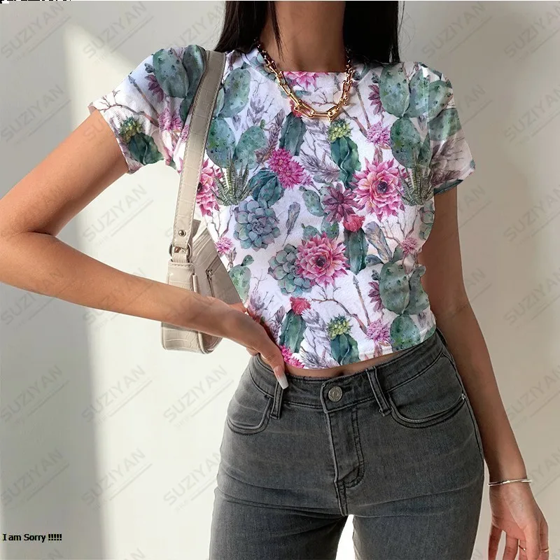 

New short sleeved round neck T-shirt with floral 3D printing temperament retro tight fitting women's new sexy short sleeved top